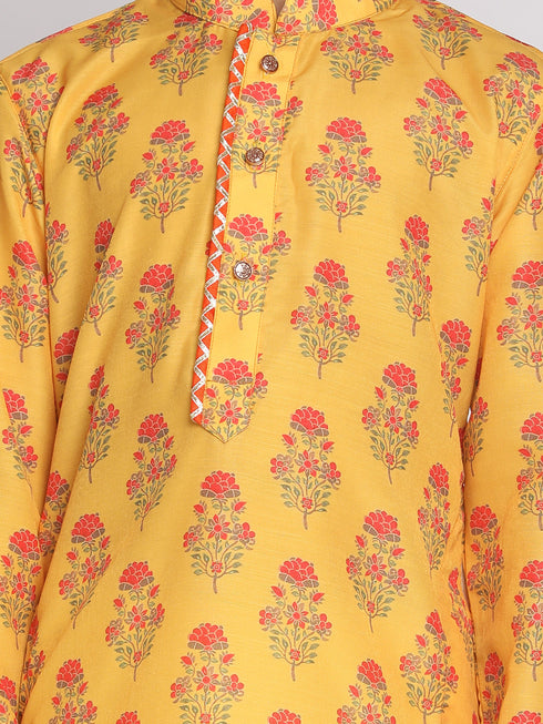 Boy's' Multicolor-Base-Mustard And Cream Kurta Patiala Set